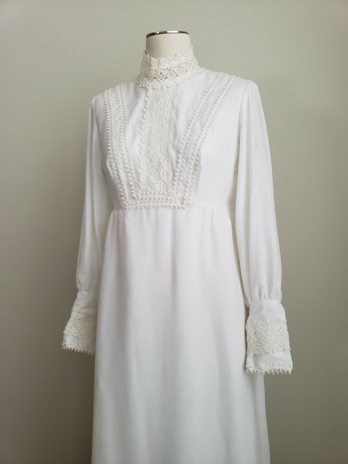 Vintage 1960s Handmade Victorian Ivory Velvet Lace Bishop Sleeve Bridal Gown